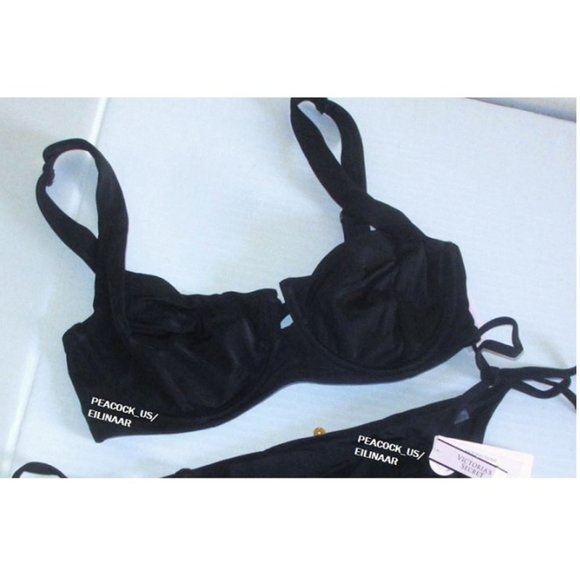 32DD VICTORIA SECRET SWIM Lace Up Back Bikini Top Strappy back Solid Black - Picture 5 of 6
